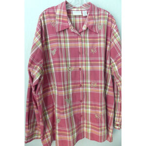 Alfred Dunner Plaid Shirt Womens 24W Embroidered Flowers Poly Cotton Button